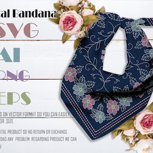 Bandana  Flower Embroided stich pattern SVG ,PNG, AI Transparent file for T shirt, handkerchief and scarf printing