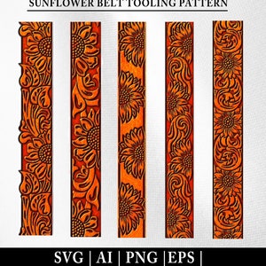 Ceinture en cuir repoussée tournesol SVG | Motif de tourbillons | Ceinture western en cuir repoussé Svg | Motif tourbillons | Bordure de parchemins | SVG | IA |