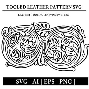 May include: A black and white line art design of a floral pattern for leather tooling or carving. The design features two stylized flowers with intricate details.