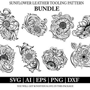 Ensemble SVG d'outillage en cuir tournesol | Sculpture en cuir de tournesol Svg | Modèle d'outillage fleur occidentale } Fleur découpée au laser svg