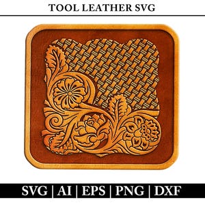 May include: A digital design featuring a brown leather background with a woven pattern and a floral design in the centre. The design is perfect for crafting projects, such as leatherworking, scrapbooking, and card making.