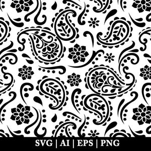 May include: Black and white paisley pattern with a repeating design of teardrop-shaped paisley motifs and small floral elements.