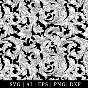 Puede incluir: Un patrón sin costuras en blanco y negro con intrincados diseños florales en espiral. El patrón recuerda los estilos barroco o rococó tradicionales.