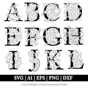 Alfabeto de la A a la Z Herramientas de cuero con 26 letras de cuero Png / Grabado Svg / Patrón de remolinos / Cuero occidental / Archivo SVG / Ai / PNG