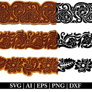 May include: Three variations of a decorative floral border design. The top border is brown with a floral pattern. The middle border is brown with a leaf pattern. The bottom border is brown with a floral pattern. The borders are all on a white background.