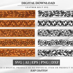Può includere: Otto disegni digitali di bordi floreali decorati, quattro in marrone e arancione su uno sfondo beige e quattro in nero su uno sfondo bianco. Il testo "DIGITAL DOWNLOAD LEATHER BELT SVG" è in alto nell'immagine. Il testo "SVG | AI | EPS | PNG | DXF" è al centro dell'immagine. Il testo "THIS IS A DIGITAL PRODUCT SO NO PHYSICAL ITEM OR PRODUCT SHIPPED" è in basso nell'immagine. Il testo "KAIF CRATION" è in basso nell'immagine.
