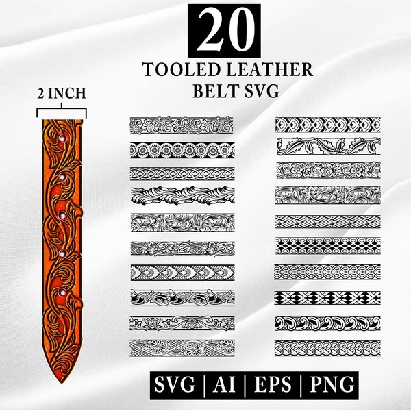 20 Tooled  Leather Belt  SVG , Swirls Pattern  | Western Tooled  Leather  | Swirls pattern | Scrolls border  | SVG | Ai | PNG  file