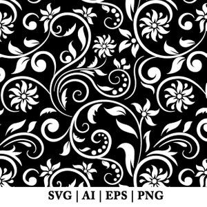 May include: A seamless pattern featuring white floral designs on a black background. The pattern includes stylised flowers, leaves, and swirls.