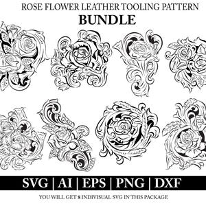 Ensemble SVG d'outillage en cuir fleur rose | Sculpture en cuir fleur rose Svg | Modèle d'outillage fleur occidentale } Fleur découpée au laser svg