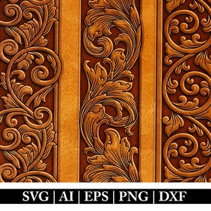 May include: A digital design featuring three vertical panels with intricate brown floral patterns on a gold background. The design is perfect for creating borders, frames, or decorative elements.