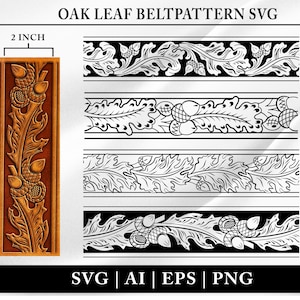 Ceinture en cuir feuille de chêne Svg | Motif de ceinture Svg | Ceinture western en cuir repoussé Svg | Bordure de ceinture Svg | SVG | IA | Fichier PNG