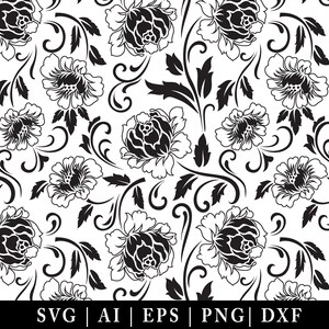 Könnte beinhalten: Schwarz-weißes Blumenmuster mit stilisierten Rosen und Ranken. Das Design ist nahtlos wiederholbar und für verschiedene Anwendungen geeignet. Der untere Teil des Bildes zeigt den Text "SVG | AI | EPS | PNG | DXF".