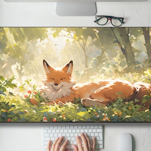 Whimsical Fox Kawaii Forest Desk Mat Gaming Mouse Pad Large Mousepad, MTG playmat, Keyboard Mouse Mat Desk Pad for Work Game Office Home