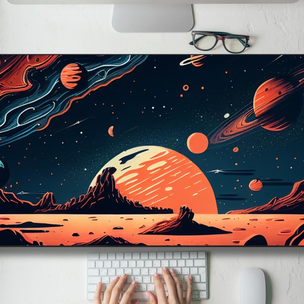 Awesome Outer Space and Planets Desk Mat Gaming Mouse Pad Large Mousepad with Stitched Edges, Keyboard Mouse Mat Desk Pad Work Game Home XL