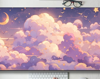 Pink Purple Gold Kawaii Clouds Desk Mat Gaming Mouse Pad Large Mousepad, Stitched Edges, Keyboard Mouse Mat Desk Pad for Work Game Office XL