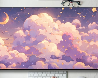 Pink Purple Gold Kawaii Clouds Desk Mat Gaming Mouse Pad Large Mousepad, MTG playmat, Keyboard Mouse Mat Desk Pad for Work Game Office XL