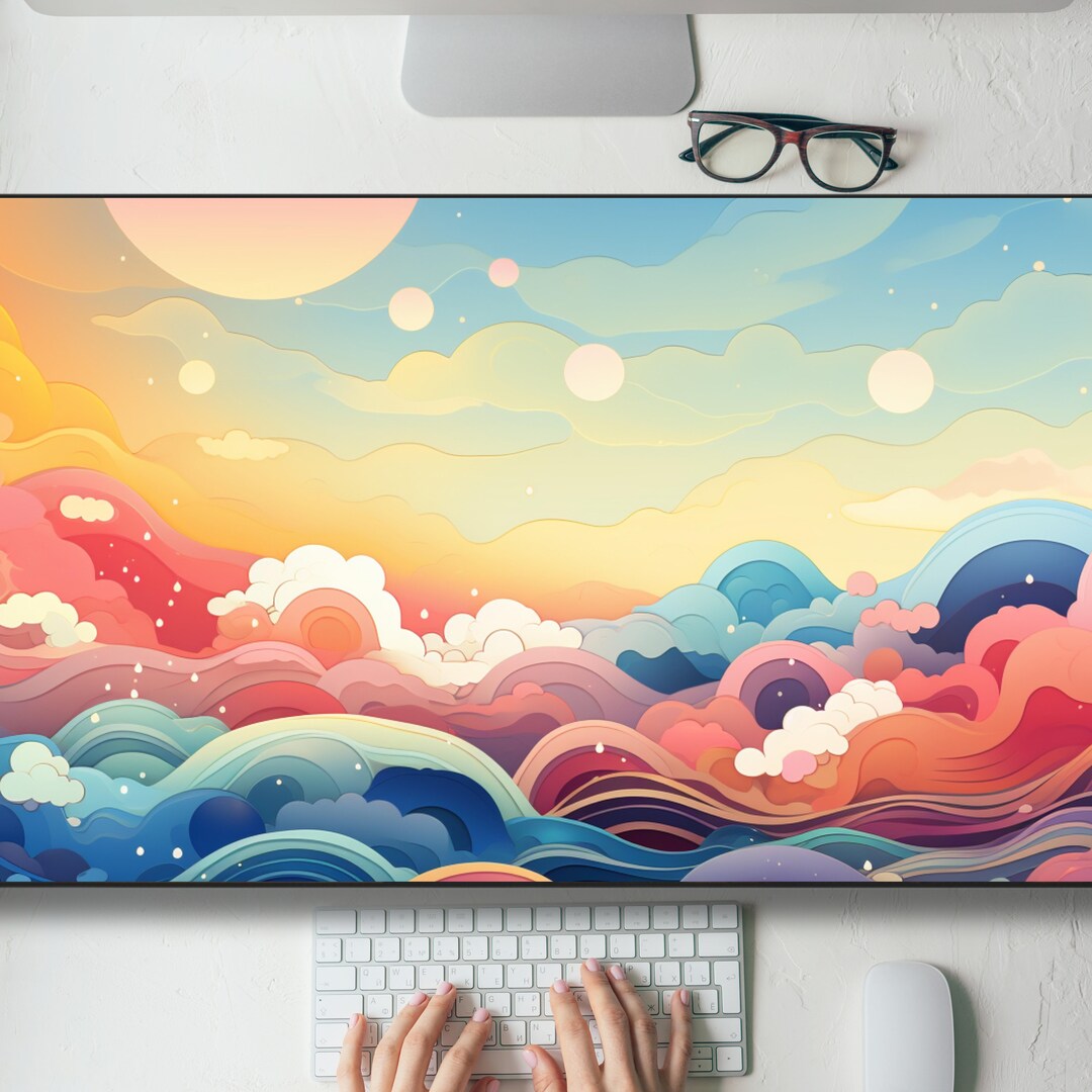 Cute Colorful Kawaii Waves Desk Mat Gaming Mouse Pad Large Mousepad ...