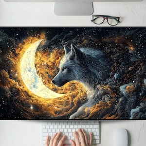 May include: A digital art print featuring a wolf howling at a crescent moon. The wolf is white and gray, and the moon is surrounded by swirling clouds of gold and blue.
