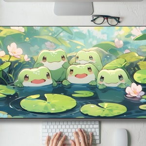 May include: A digital illustration of five green frogs with big eyes and smiles, sitting in a pond with lily pads. The frogs are surrounded by green leaves and flowers.