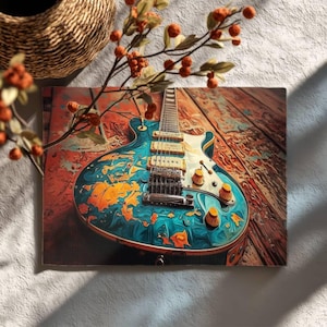 May include: An electric guitar with a teal and orange marbled finish, featuring three pickups, a chrome bridge, and three yellow control knobs. The instrument rests on a textured wooden surface with a visible grain pattern and warm tones.