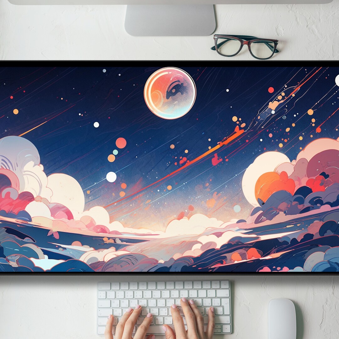 Lo-fi Kawaii Clouds Moon Desk Mat Gaming Mouse Pad Large Mousepad With ...