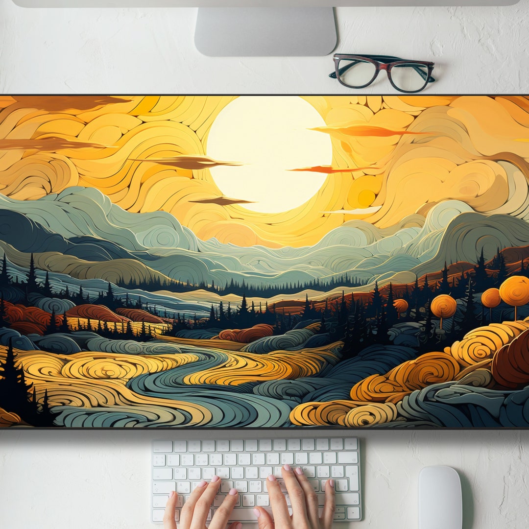 Tree Mouse Gaming Linocut Rolling Hills and Trees Desk Mat Gaming Mouse Pad Large ...