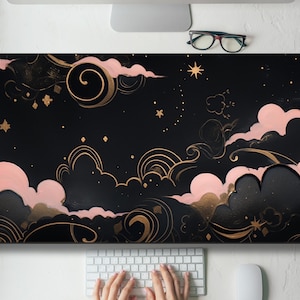 Pink And Gold Kawaii Clouds Desk Mat Gaming Mouse Pad Large Mousepad with MTG playmat, Keyboard Mouse Mat Desk Pad for Work Game Home XL