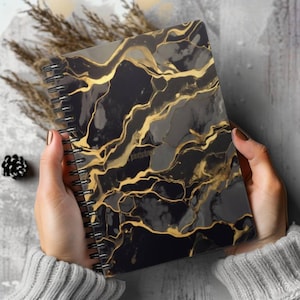 Marbled Fluid Pattern Metallic Dark Black Gold Abstract Writing Journal Notebook Diary