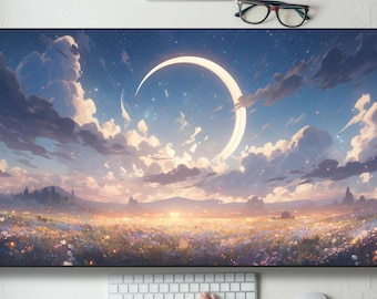 Serene Field With Crescent Moon Desk Mat Gaming Mouse Pad Large Mousepad, Stitched Edges, Keyboard Mouse Mat Desk Pad for Work Game Office