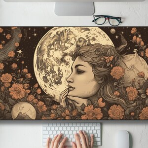 Celestial Floral Moon Desk Mat Gaming Mouse Pad Large Mousepad, MTG playmat, Keyboard Mouse Mat Desk Pad for Work Game Office Home XL