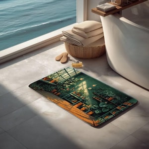 May include: A rectangular bath mat featuring a printed design of a sunlit greenhouse filled with various potted green plants on wooden shelves. The mat has rounded corners and displays a vibrant scene of foliage, terracotta pots, and warm light.