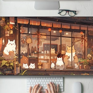 Alfombrilla de ratón grande para juegos con diseño de gato kawaii, ideal para escritorio, oficina, hogar, juegos, MTG, teclado y ratón, tamaño XL