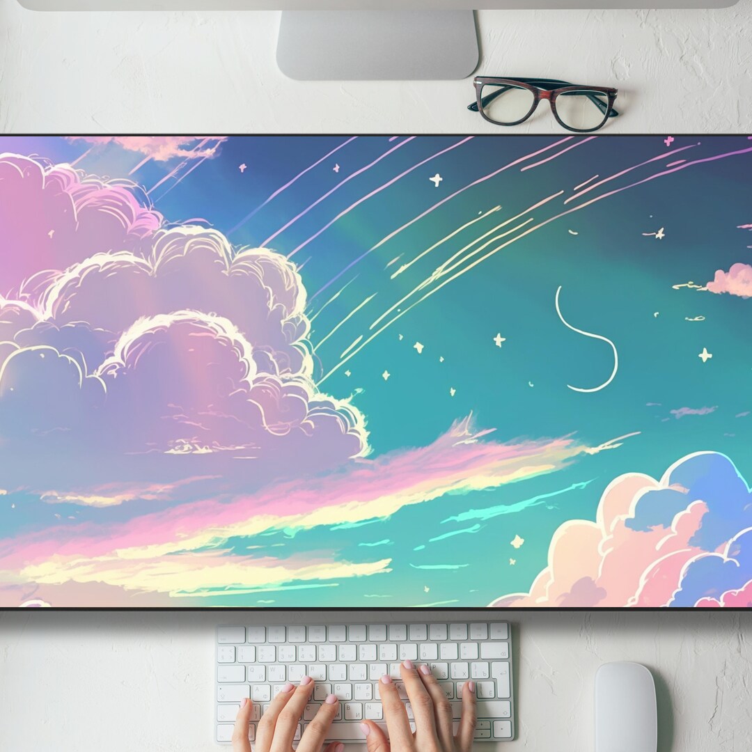 Pretty Lo-fi Kawaii Sky and Clouds Desk Mat Gaming Mouse Pad Large ...