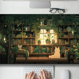 Kawaii Lo-fi Plant Cat Room Scene Desk Mat Gaming Mouse Pad Large Mousepad, MTG playmat, Keyboard Mouse Mat Desk Pad for Work Game Office