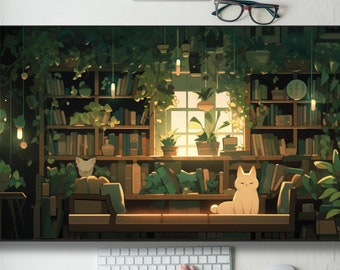 Kawaii Plant Cat Room Scene Desk Mat Gaming Office Mouse Pad Large XL