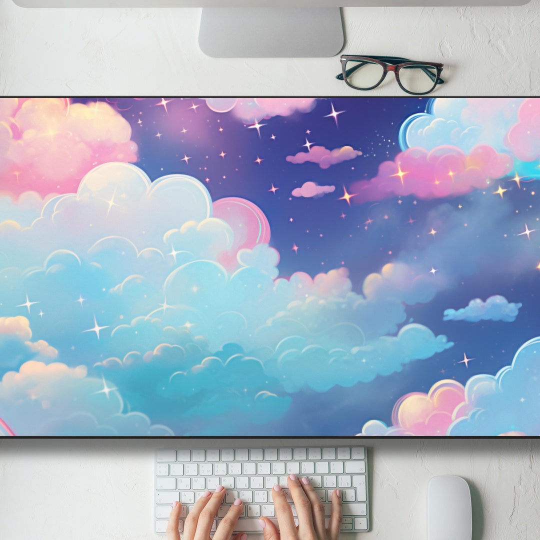 Pretty Blue and Pink Kawaii Clouds Desk Mat Gaming Mouse Pad Large ...