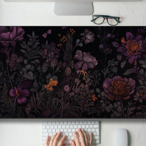 Dark Cottagecore Purple Botanical Desk Mat Gaming Mouse Pad Large Mousepad, MTG playmat, Keyboard Mouse Mat Desk Pad for Work Game Office