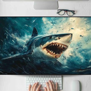 May include: A computer desk mat featuring a detailed illustration of a great white shark in a turbulent ocean. The shark is depicted with its mouth open, revealing sharp teeth, amidst swirling blue and white waves.