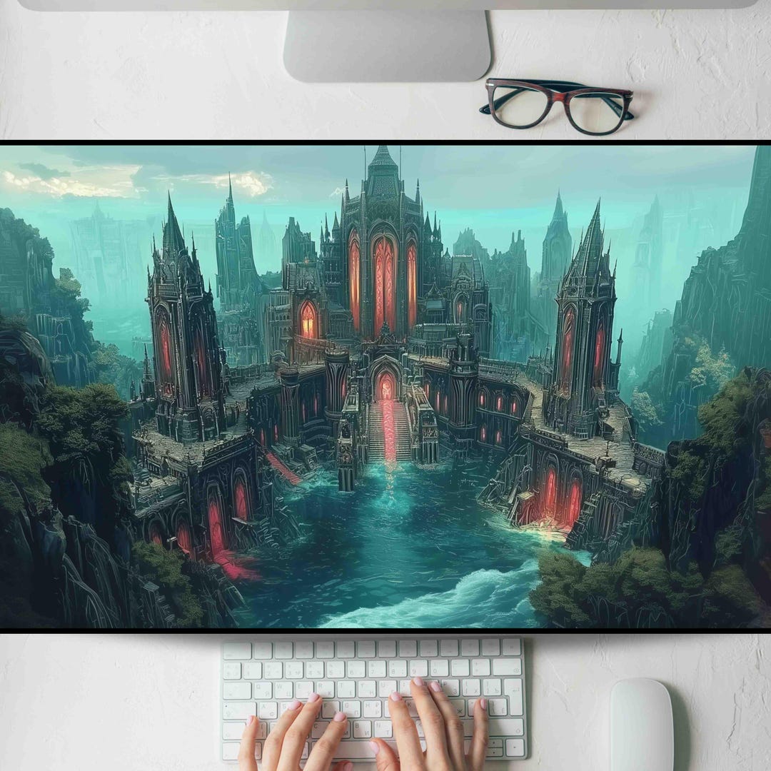 Gothic Castle Above the River Desk Mat, Gaming Mouse Pad, Large ...
