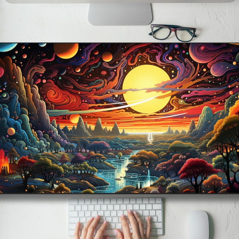 Trippy Alien Forest Landscape Desk Mat Gaming Mouse Pad Large