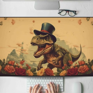 May include: A whimsical illustration of a dinosaur wearing a top hat, set against a vintage backdrop with roses and mountains. The dinosaur is green and brown, with an open mouth. The background is a warm, sepia tone.