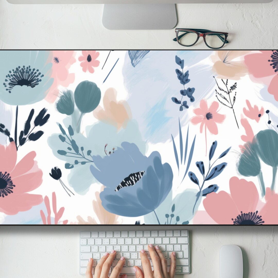 Soft Blue Pink Pastel Floral Design Desk Mat Gaming Mouse Pad Large ...