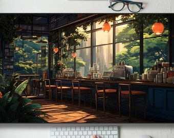 Lo-fi Anime Coffee Shop Desk Mat Gaming Mouse Pad Large Mousepad, MTG playmat, Keyboard Mouse Mat Desk Pad for Work Game Office Home XL