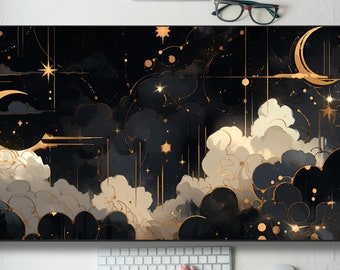 Black And Gold Celestial Desk Mat Gaming Mouse Pad Large Mousepad, Stitched Edges, Keyboard Mouse Mat Desk Pad for Work Game Office Home XL