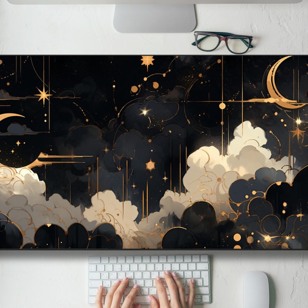 Black And Gold Celestial Desk Mat Gaming Mouse Pad Large Mousepad, Stitched Edges, Keyboard Mouse Mat Desk Pad for Work Game Office Home XL