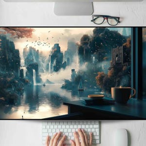 May include: A landscape art print depicting a serene scene with waterfalls, mountains, and a lake. The artwork features a color palette of blues, greens, and browns. A cup of coffee and a stack of books sit on a table in front of a window.