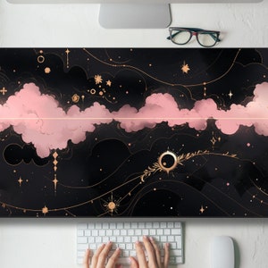 Pink, Gold, And Black Kawaii Cloud Celestial Desk Mat Gaming Mouse Pad Large Mousepad, Keyboard Mouse Mat Desk Pad for Work Game Office Home