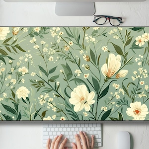 Botanical Sage Green Floral Pattern Desk Mat Gaming Mouse Pad Large Mousepad, Keyboard Mouse Mat Desk Pad for Work Game Office Home XL