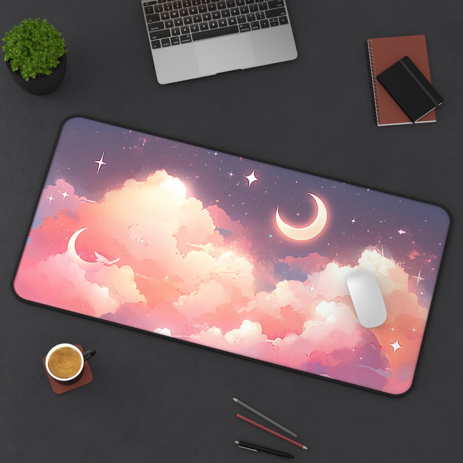Pretty Pink Kawaii Celestial Sky and Clouds Desk Mat Gaming Mouse Pad ...
