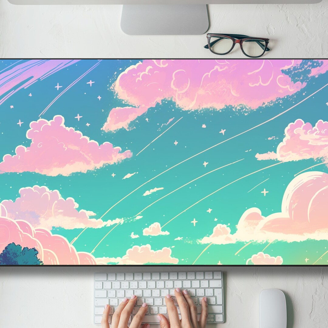 Pink and Green Lo-fi Kawaii Sky Desk Mat Gaming Mouse Pad Large ...